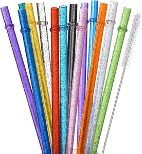 12-Pack Reusable Clear Plastic Glitter Straws, 13 inch Extra Long Tumbler Straws for Stanley Cups, 1 Gallon, 64 oz 40 oz 32 oz Water Bottles, Plus Cleaning Brush