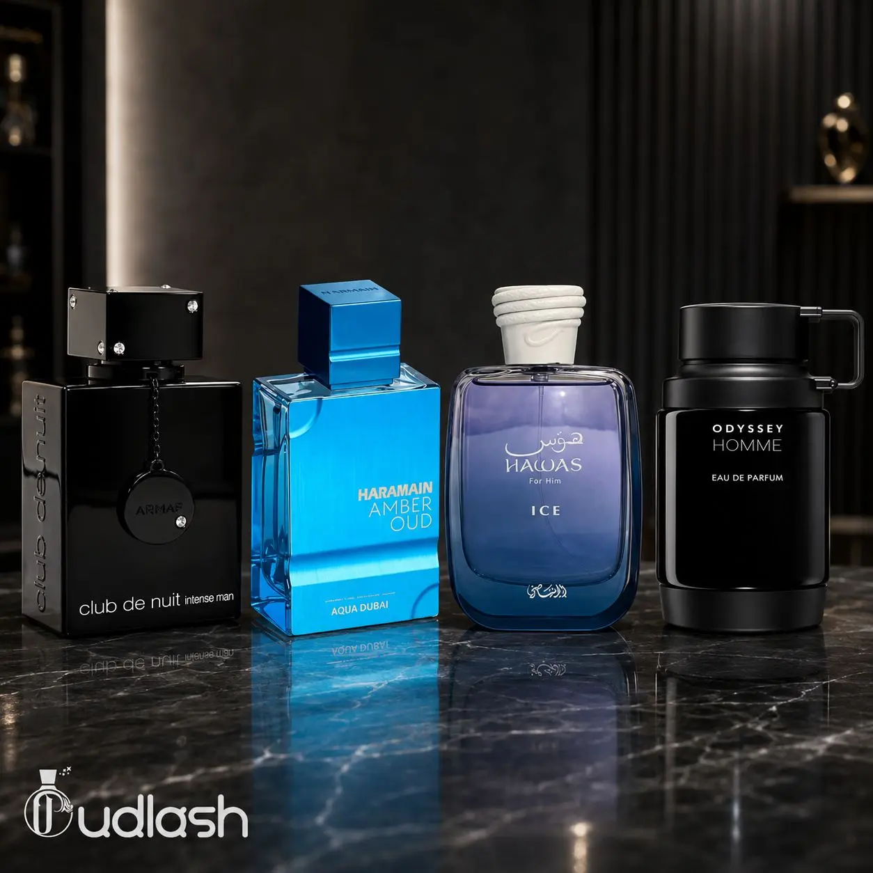 Oudlash Bundle | Armaf Club De Nuit Intense Man + Armaf Odyssey Homme + Amber Oud Aqua Dubai + Rasasi Hawas Ice | Men's Fragrance | 100 ML 3.4 OZ | Eau De Parfum | Citrus - Sweet & Spicy
