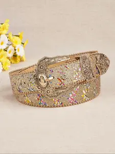Women's Boho Style Flower Design Sparkling Western Belt, Vintage Trendy Synthetic Leather Belt, Fashionable Clothes Accessories for Daily & Party Decoration