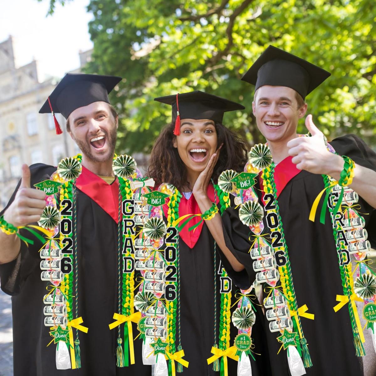 ONERIR 2026 Graduation Leis 18 Pcs - Vibrant Yellow Green Double Ribbon Youthful Class of 2026 Graduation Candy Lei Set Unisex Graduation Party Decorations Gift