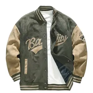 Men’s Autumn/Winter Fashionable Suede Green Baseball Jacket Spring/Autumn Jacket American Retro Jacket Embroidered Loose Pilot Top