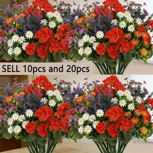 Outdoor artificial flowers spring mixed geraniums and daisy faux flowers, perfect for porch, patio, window boxes, hanging decorations, garden decoration, courtyard arrangement, spring and summer themed decoration, DIY flower arrangements, outdoor cemeteri
