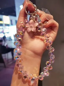 Flower Crystal Pendant Keychain, Indie High-End Beaded Phone Strap Bracelet, Short Stylish Wrist Phone Lanyard for Outdoor Travel