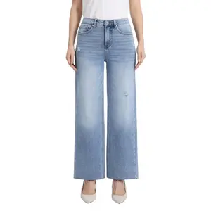 Women’s Basic Minimalist High-Waist Wide-Leg Cropped Denim Jeans - Light Medium Wash, Distressed Raw Hem, Pocket Design, Casual Streetwear Clothes Bottoms