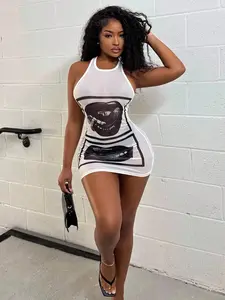 INAWLY Gyaru Style  Rave Outfits Festival Rave Outfits Festival Lip Print Sheer Bodycon Mini Dress