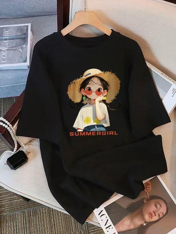 Women's Oversized Cotton Printed T-Shirt - Chibi Summer Girl & Music Notes Print, Soft Elastic Fabric, Comfortable Y2K Punk Tunic Top with Relaxed Fit for Casual Daily, Beach, Anniversary Womenswear