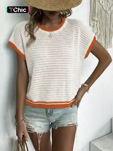 Elegant Women's Spring Summer Fashion Knit Sweater Crewneck, Casual Home Wear, Weekend Holiday Travel Beach Vacation, Pure Color Hollow Out Ribbed Edge, Womenswear