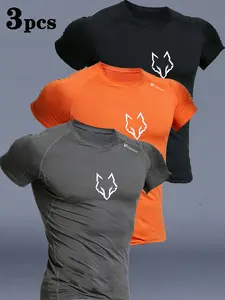 Men's Casual Sports T-Shirt, 3-Pack Breathable Fitted Short Sleeve, Compression Stretch Quick Dry, Round Neck, Ideal for Basketball Gym Outdoor Running Cycling