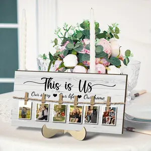 Wooden Photo Frame, 1 Set Including 1 Count Photo Display Sign with 6 Counts Clips, Memory Table Sign, Photo Display Sign for Home Party Wedding, Decor