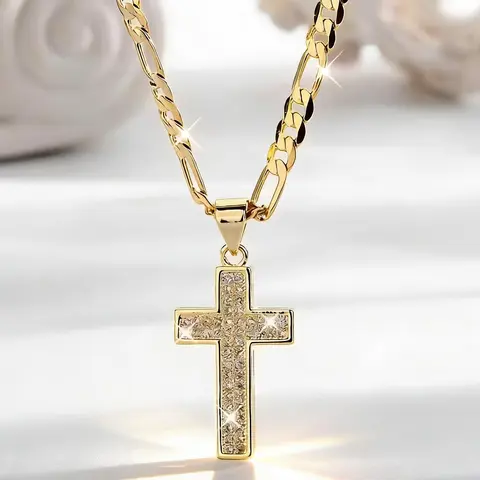 14K Gold Plated Religious Cross Pendant Necklace with Sparkling Zirconia Versatile for Daily Party Wear Ideal Easter Graduation Gift