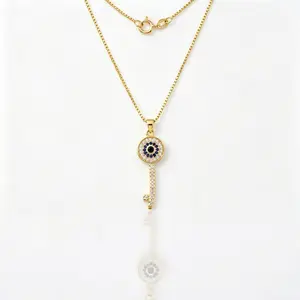 14K Gold Evil Eye Key Necklace, Gold Plated Good Luck Pendant, Protection & Opportunity Spiritual Jewelry, Unisex