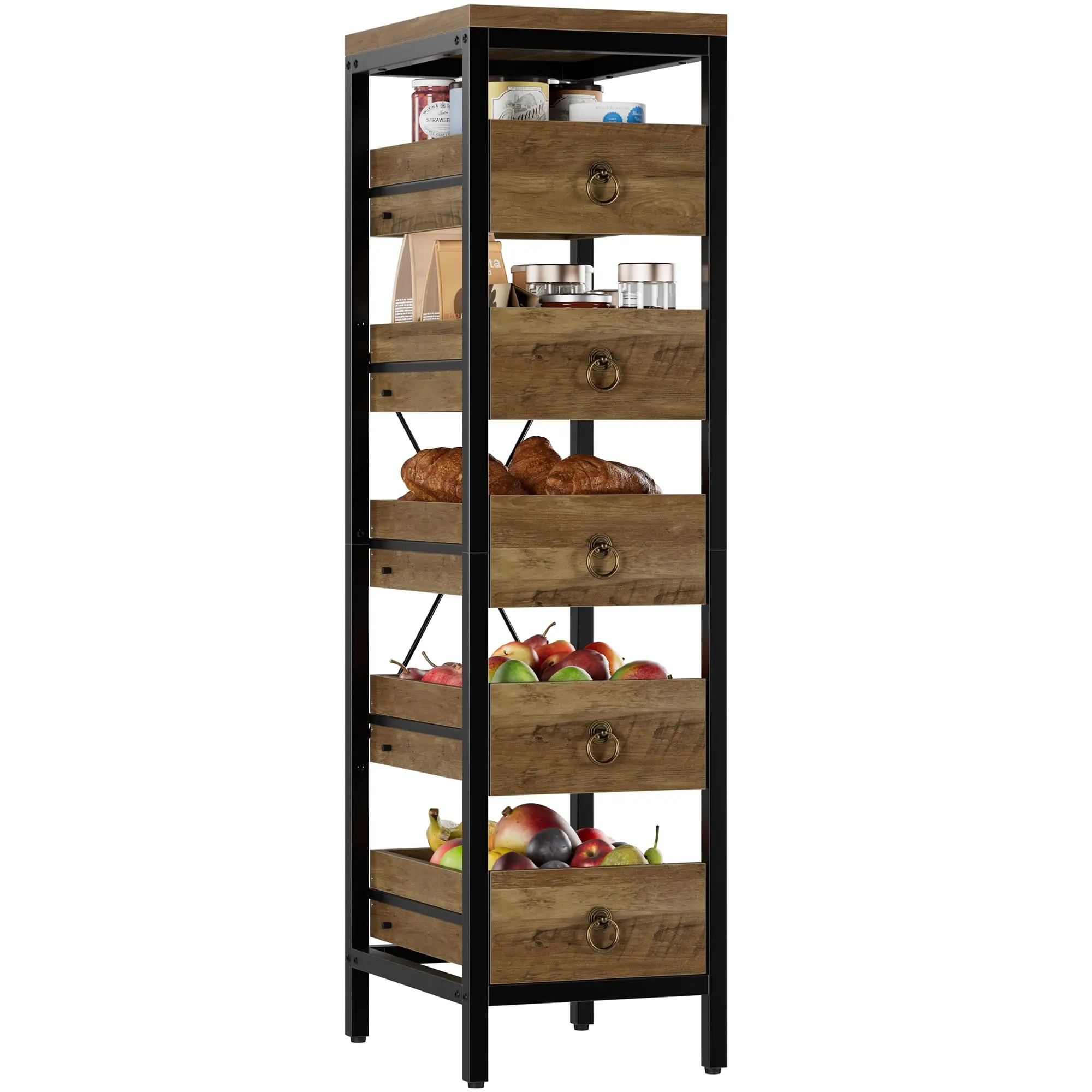 Garvee Kitchen Fruit Vegetable Storage Rack, 5-Tier Narrow Snack Fruit Display Stand with 5 Pull-Out Drawers Basket, Utility Organizer Standing Shelf for Kitchen Living Room Bathroom Supermarket, Brown
