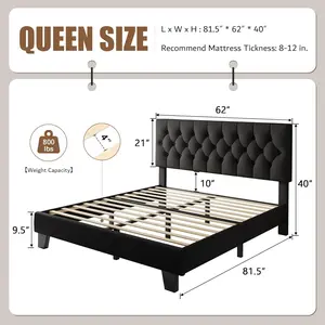 iPormis Upholstered Queen Size Bed Frame with Button Tufted Headboard, Linen Platform Bed with Thickened Support Legs, No Box Spring Needed/Noise-Free/Easy Assembly, Black