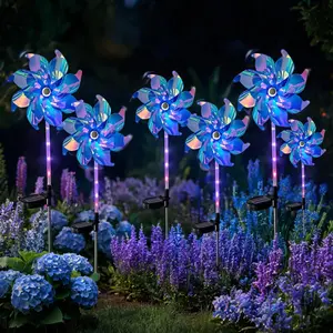 Four-pack of solar-powered, colorful, dreamy windmill lights with 9 LEDs, eight lighting modes, and three styles. Waterproof. Suitable for patios, paths, gardens, birthday parties, and other outdoor decorations.