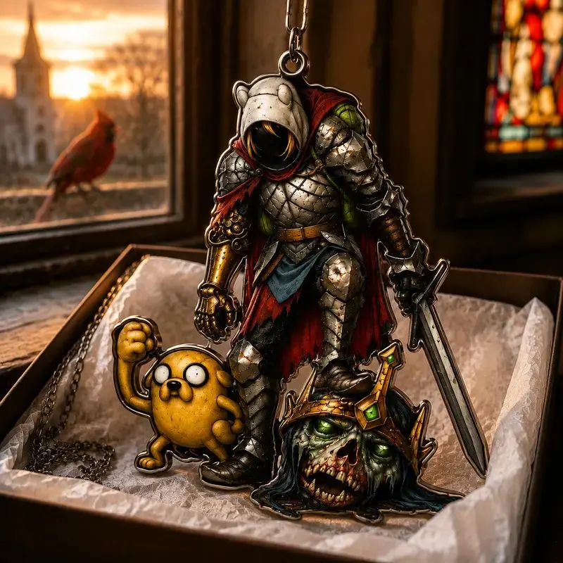 Gothic Cottagecore Adventure Time Finn and Jake Dark Fantasy Metal Pendant Keychain - Knight Finn & Zombie Ice King Grunge Punk Charm Necklace Gift for Cartoons Anime Fans