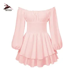 Women's Square Neck Tie Back Elastic Waist Long Sleeve Ruffle Hem Mini Dress