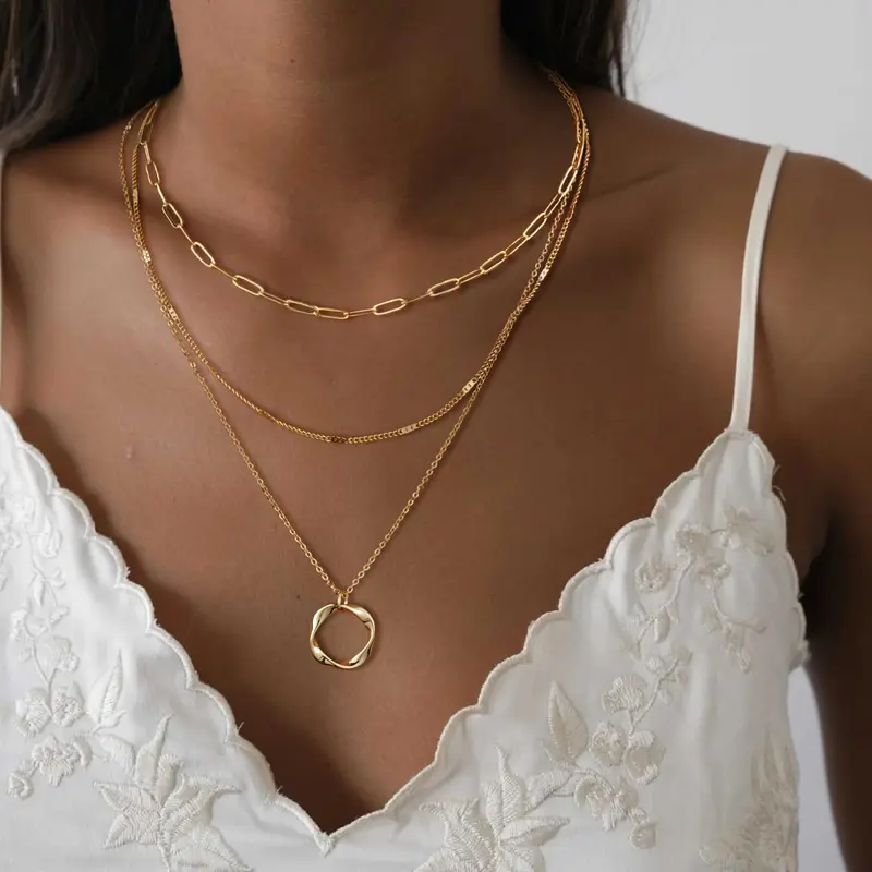 CAROVO Women's Glossy Multi-Layer Adjustable-in-Length 14k Gold Plated Sterling Silver Stackable Choker Set - Waterproof Byzantine Statement Chain, Hypoallergenic Circle Pendant Decorative Details Necklaces, Jewelry for Women