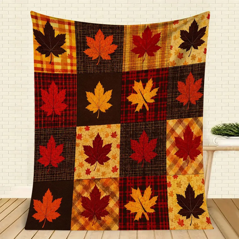 1pc Ultra-Soft Warm Maple Leaf Checkered Quilted Blanket - Thick Cozy Bedspread Suitable for Camping, Sofa, Bed & Office, All-Season Indoor/Outdoor Use, Contemporary Bedding Gift for, Flannel