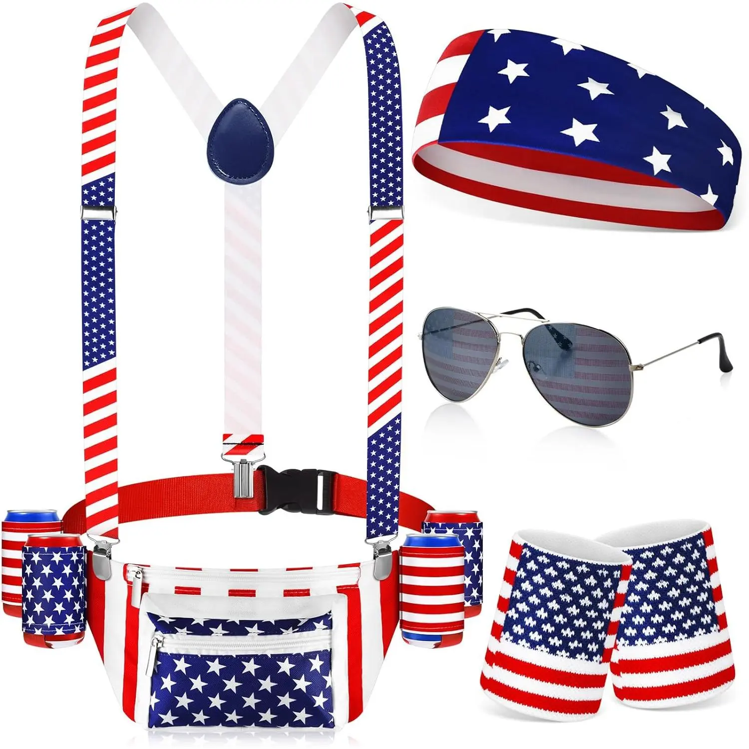 9 count Patriotic Fanny Pack Beverage  Belt Set  Belt Bag Suspenders Drink Holder  Flag Headband Wristband (Stylish)