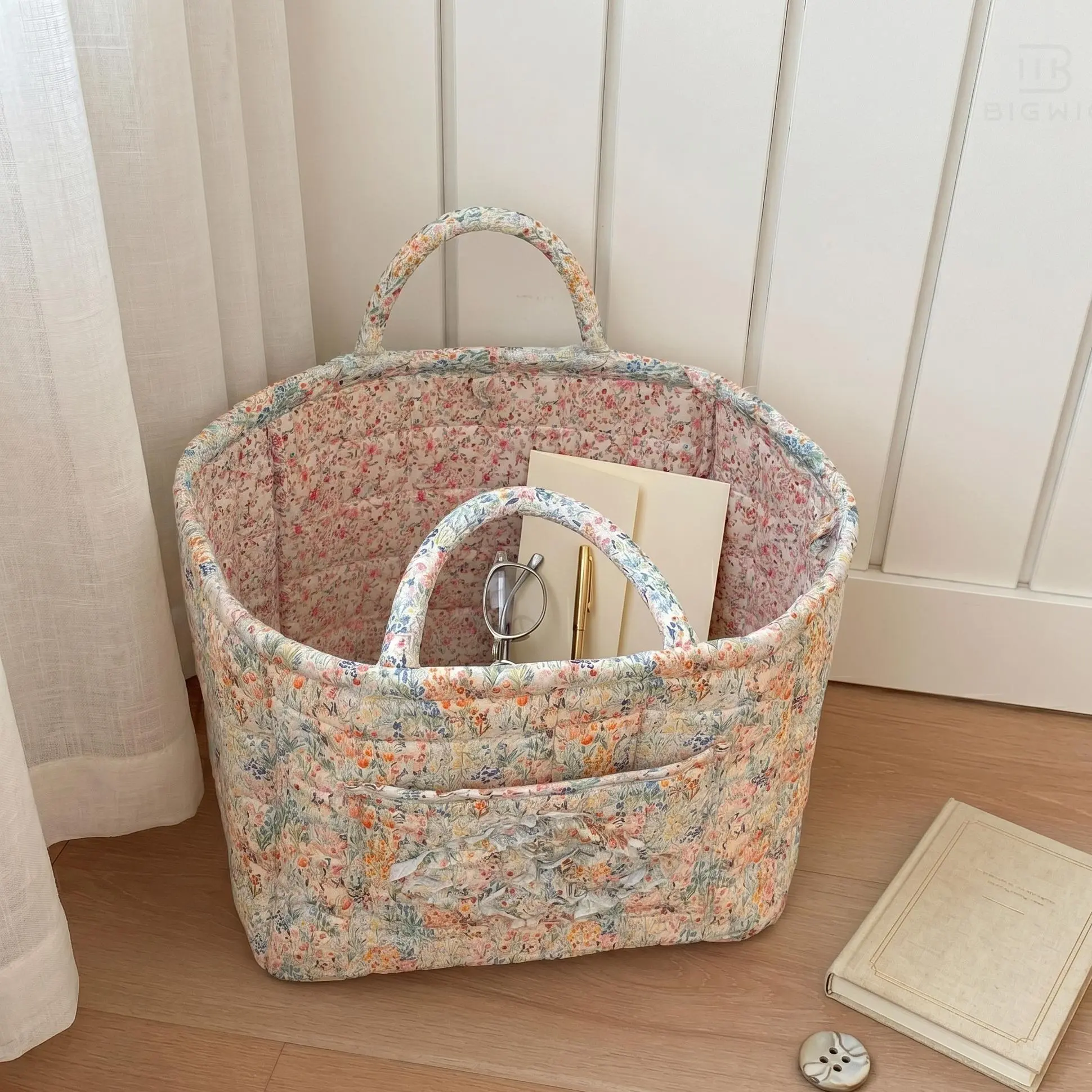 Women's Vintage Floral Tote Bag, Multi-Function Padded Cotton Car Organizer with Quilted Texture for Shopping or Vanity Storage, Retro Cute, Casual, High-Capacity, Fashionable Bags, Holiday, Lightweight, Sweet, Tote Bags, Foldable