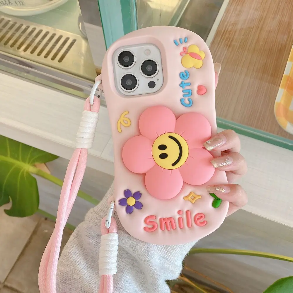 Cute Horizontal Stand Flower-Patterned Phone Case Accessories For iPhone 17 16 15 14 13 Pro Max and Plus – Silicone Shock-Absorbing Protective Case with Short Wrist Strap Cover Smartphone Cover