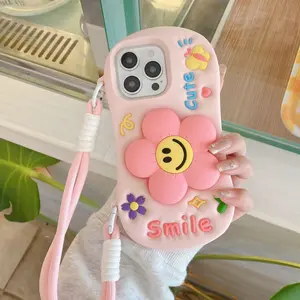 Cute Horizontal Stand Flower-Patterned Phone Case Accessories For iPhone 17 16 15 14 13 Pro Max and Plus – Silicone Shock-Absorbing Protective Case with Short Wrist Strap Cover