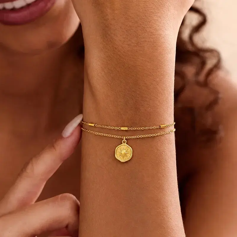 Starburst Waterproof Non Tarnish Bracelets For Women With 18K Real Gold Plated PVD Coated 304 Stainless Steel Slider Chain
