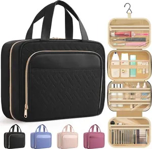 Travel Toiletry Bag for Women & Men,  Makeup Bag with Hanging Hook and Multiple Pockets,  Bags for Women, Travel Essentials, 11.2'' x 3.2'' x 8.9'', Black