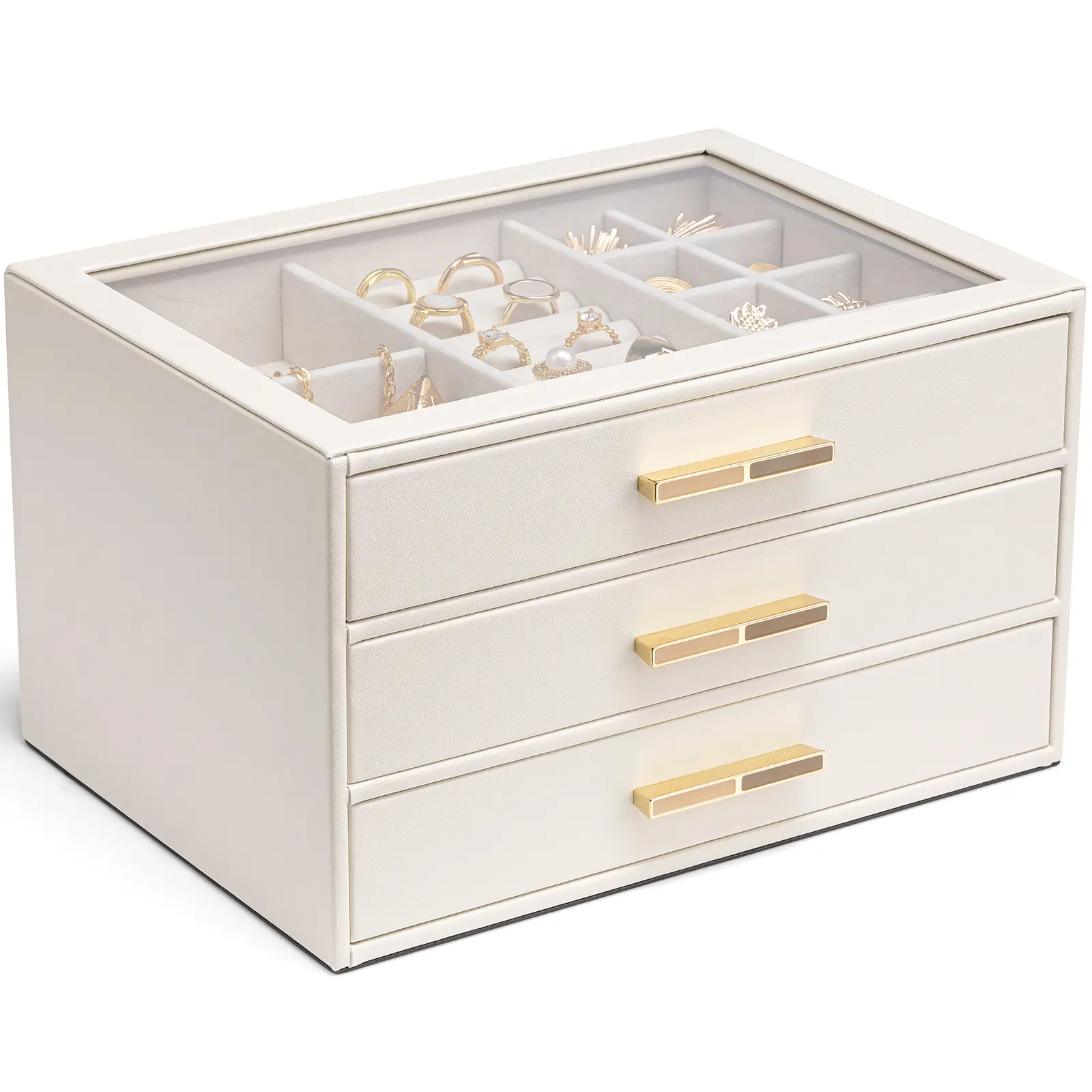 VLANDO Women's Classic Dustproof Glass Lid 3-Drawer Eco-Friendly Compact Rectangle Jewelry Box - Multi-Compartment Home Supplies Organizer for Bedroom, Study, Necklaces, Rings, Earrings, Bracelets, Ideal Gift