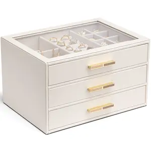 VLANDO Women's Classic Dustproof Glass Lid Jewelry Box - 3-Drawer Eco-Friendly Rectangle Compact Organizer with Multi Compartment Design for Necklaces, Rings, Earrings, Bracelets Home Storage