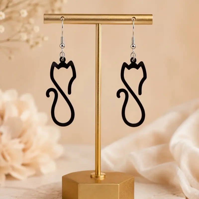 Black Cat Acrylic Dangle Earrings - Lightweight, Handmade Earrings for Women