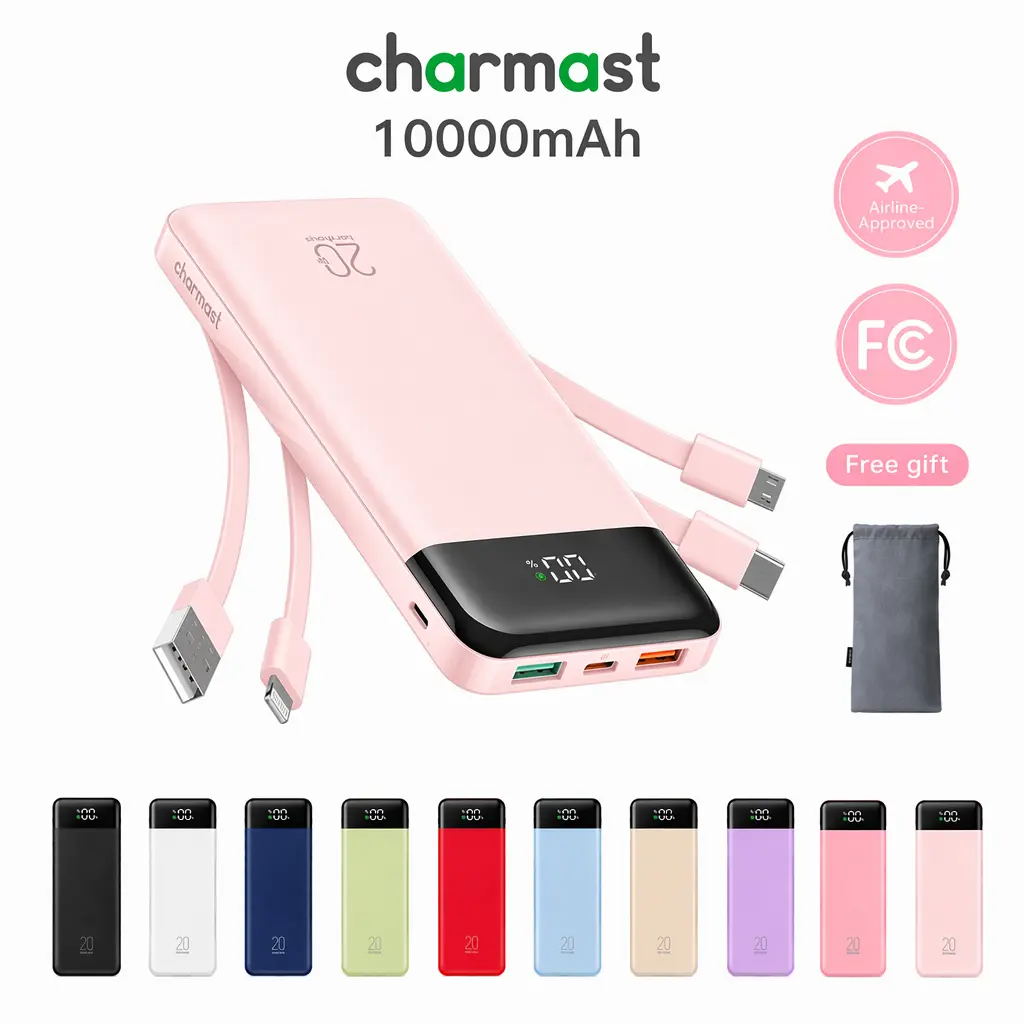 Charmast 10000mAh Slim Portable Charger with Built-in Cables – 6 Outputs & 3 Inputs, 3A Fast Charging Power Bank for iPhone, Android Phones, Tablets, and More Electronic Smartphone Chargeable