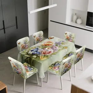 4/5/6/7pcs Butterflies and Blooms Harmony Chair Cover And Tablecloth Set, Easy to Install & Clean, Fits Kitchen, Outdoor Camping, Parties, Home Decor, Festival Decor & Ideal Gift, Chair Covers Set, Dining Chair Covers, Washable Chair Cover