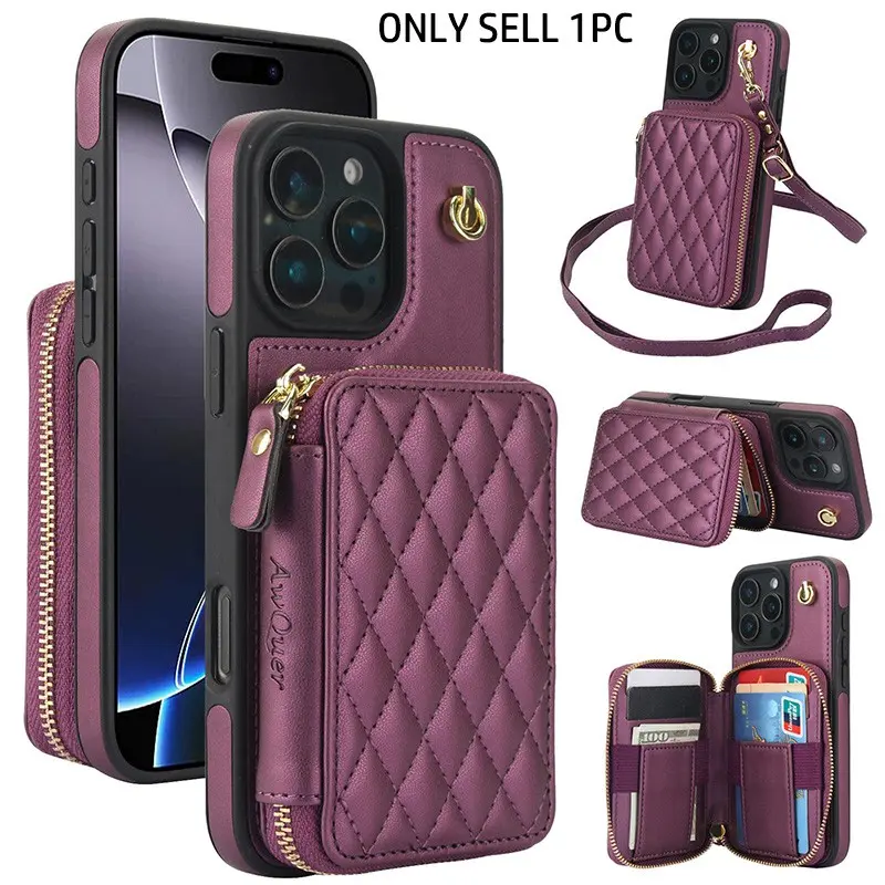 Diamond pattern Aesthetic crossbody small zipper bag phone case, Smartphone, suitable for Apple iPhone 17 16Pro Max 15Pro 14Plus Air multi card anti drop and shockproof protective cover Casing Protection Accessories