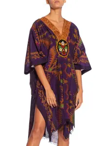 MORPHEW COLLECTION Purple & Brown Silk Ikat Kaftan Handmade With Victorian Lace Collar