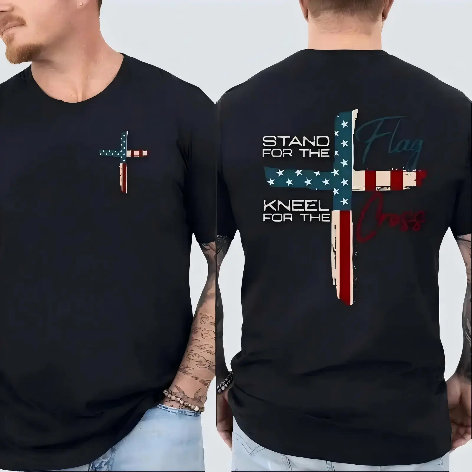 Patriotic Christian Faith T-Shirt – Stand for Flag Kneel for Cross Religious Shirt | American Pride Cross Design Tee for Men,Conservative Christian Cotton Clothing,Vintage Graphic Crew Neck Retro Christian T-Shirt For Adult Kids Boy,Breathable Comfort Fit