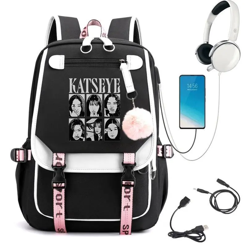 Vintage KATSEYE USB Charging Backpack, Black White Large Capacity Student School Bag, Casual Daypack With Fluffy Pom-pom Pendant For Teen Girls
