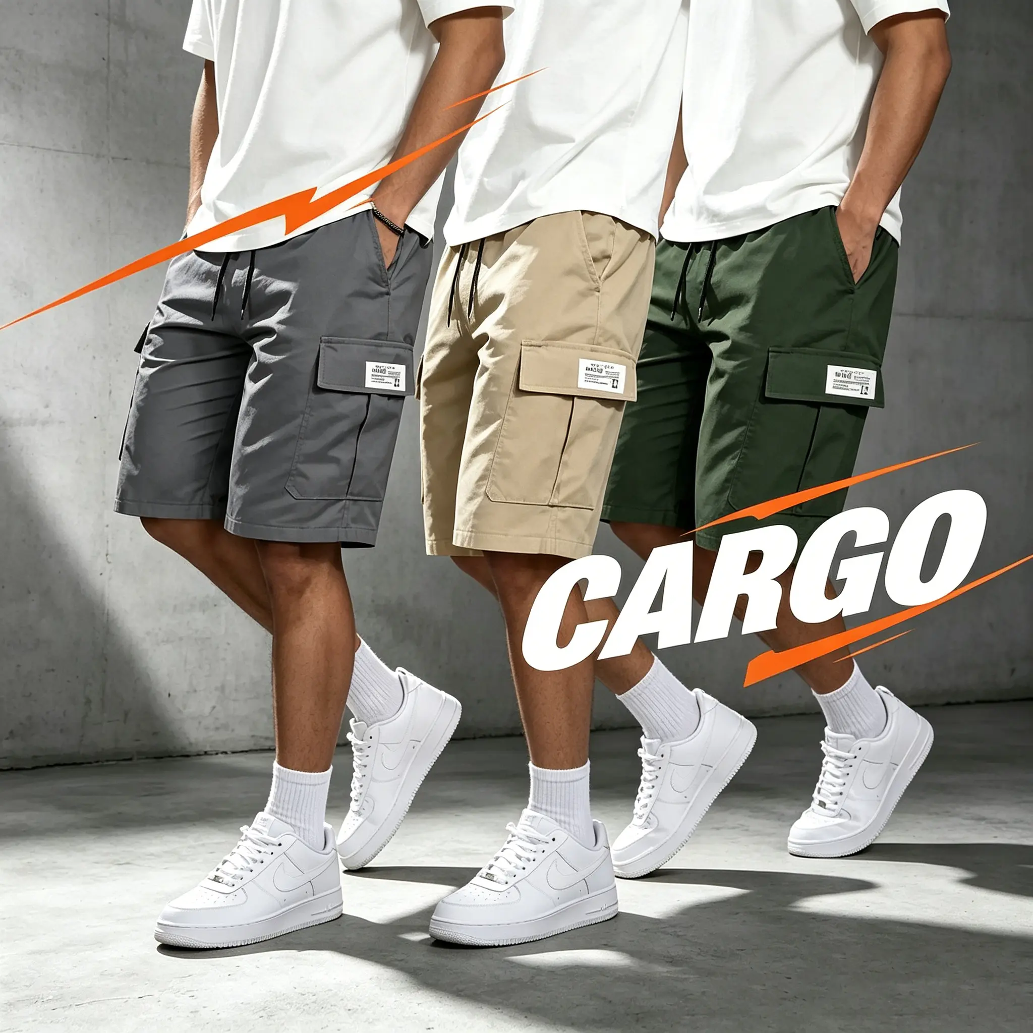 3 Pieces Set Mens Loose Knee-Length Cargo Shorts Elastic Drawstring Waist Decorative Tag Patch Multi Side Cargo Pockets Street Style Outdoor Hiking Daily Casual Shorts Pack summer clothes