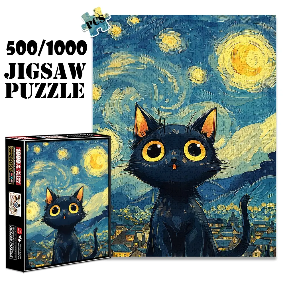 1pc 1000 piece adult puzzle 70x50cm Black Cat Under Starry Night Sky500 pieces of paper jigsaw puzzle, suitable for adults and families, large-scale DIY puzzle interactive toy games, birthday holid