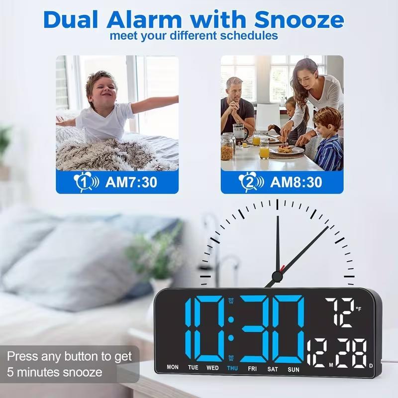 Digital alarm clock with date and temperature/humidity display, three adjustable brightness levels, two sets of alarms and countdown functions. An ideal household item for bedrooms, offices and living rooms.