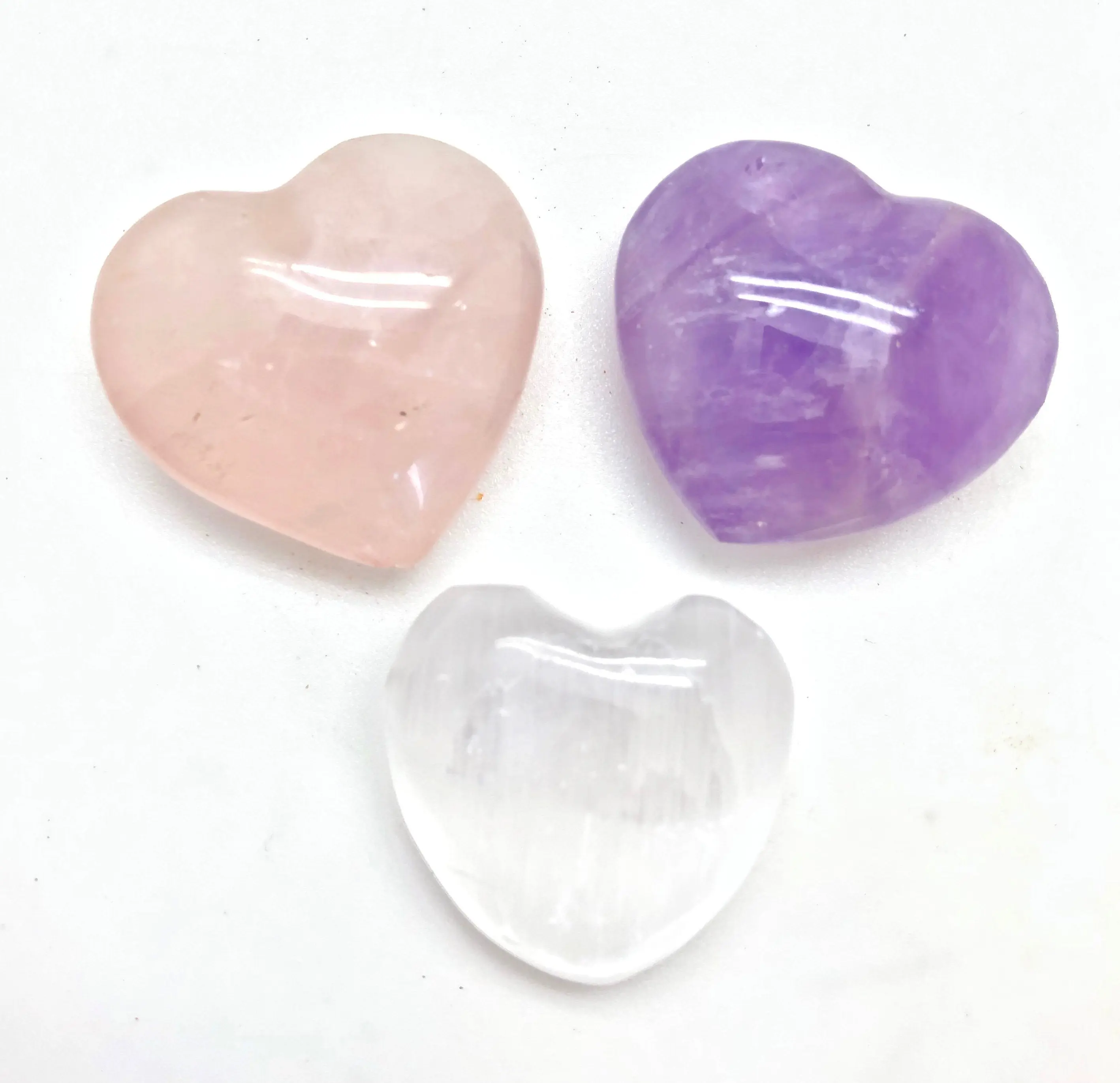Love is in the Air Stone Set (Polished Hearts) - Rose Quartz, Amethyst, Selenite Heart Shaped Crystals - Love, Spiritual Connection, Purification