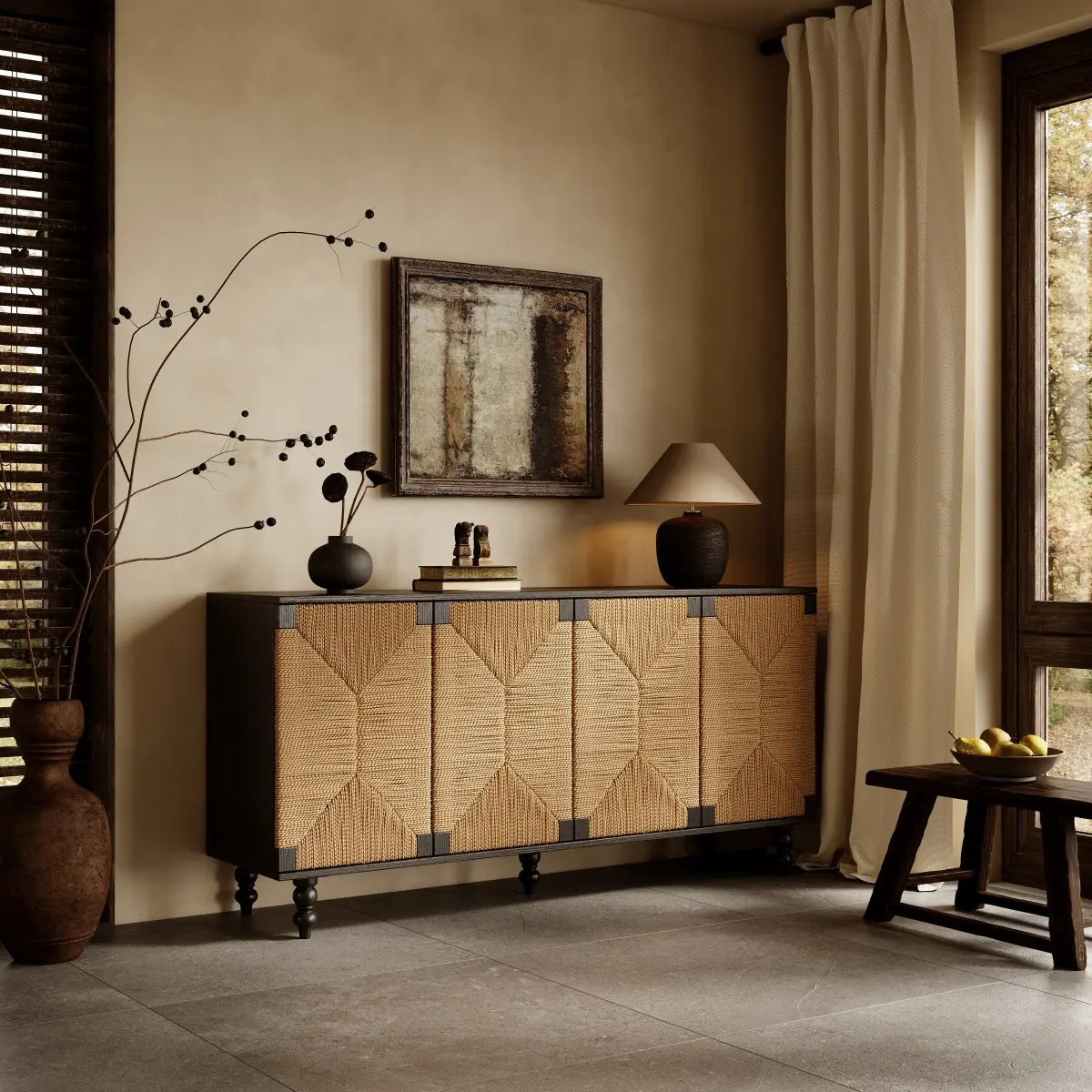 Wire-Brushed Wood Coastal Sideboard Buffet Cabinet - Black Woodgrain Finish, Elegant Handwoven Seagrass Doors, 4 Shelves, Rectangular Single Unit, Natural Texture, Ample Organized Storage, Artisanal Charm - TV Stand for Hallway, Dining Room, Four Shelves