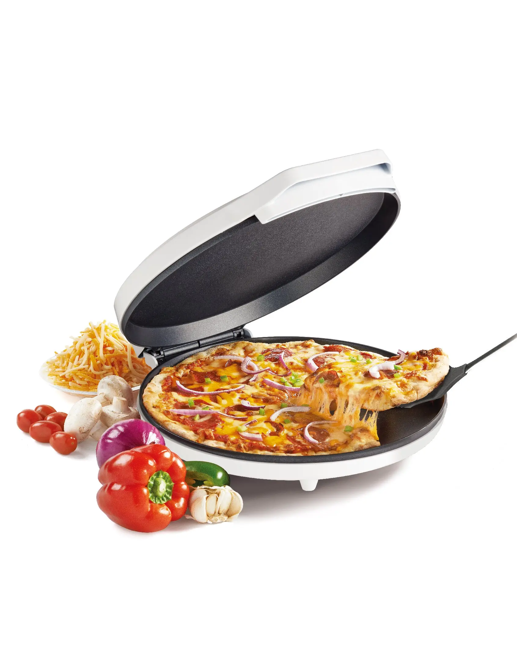 Betty Crocker Pizza Maker Plus, 12" Indoor Electric Grill, Nonstick Griddle Pan for Pizzas, Quesadillas, Tortillas, Nachos and more, 12" Electric Griddle for Delicious Meals, 1440W, BC-2958CW, White