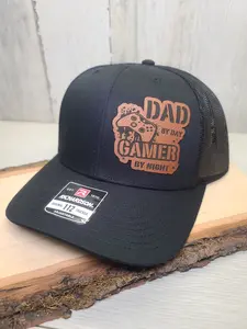 Dad by Day, Gamer by Night Hat Richardson 112 Leather Patch Hat mens hats dad hats Trucker Cap Funny Quote Snapback