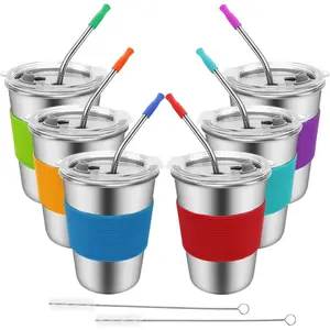 Stainless Steel Kids Cups, 6 Pack 12oz Leak Proof Kids Straw Cup Sippy Tumblers with Lid and Straw, Unbreakable Water Drinking Glasses, BPA-Free Metal Mug for Toddler Children Adult Indoor Outdoor
