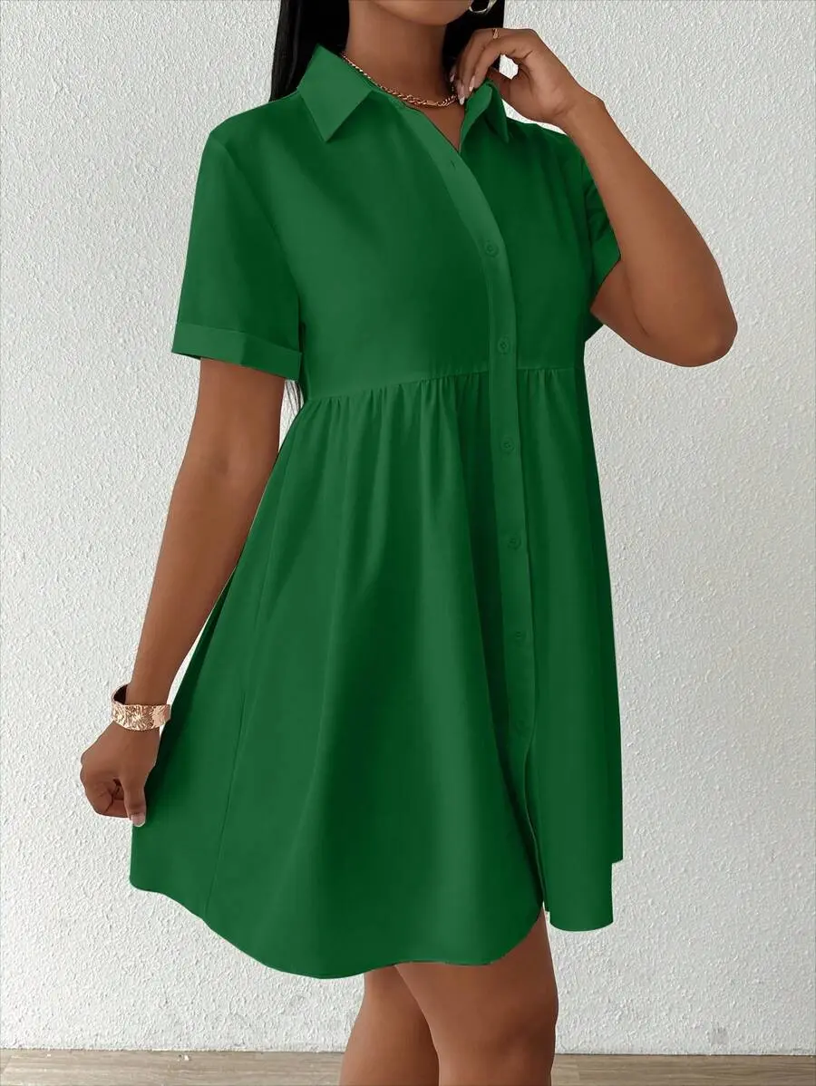 Solid Color Turn-Down Collar Short Sleeve Casual Woven Shirt For Summer Peplum Top