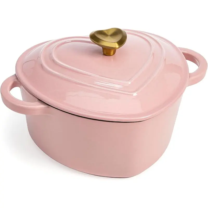 2-Qt Heart-Shaped Durable Enameled Cast Iron Dutch Oven Pan with Lid, Dual Handles, Smooth Surface, Heat Retentive, Oven Safe to 500°F, All-Stovetop Compatible, Hand Wash, Pink Kitchen Bakeware