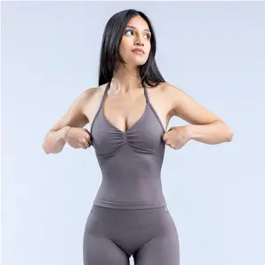 (With Logo) DFYNE 2 Piece Seamless Workout Outfit - Ruched Halter Sports Top & High Waist Activewear for Running & Gym Quick-Dry Compression Fitness Set