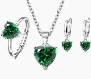 Silver-Tone Heart Cut Green Cubic Zirconia Jewelry Set (Necklace, Earrings, Ring) for Women
