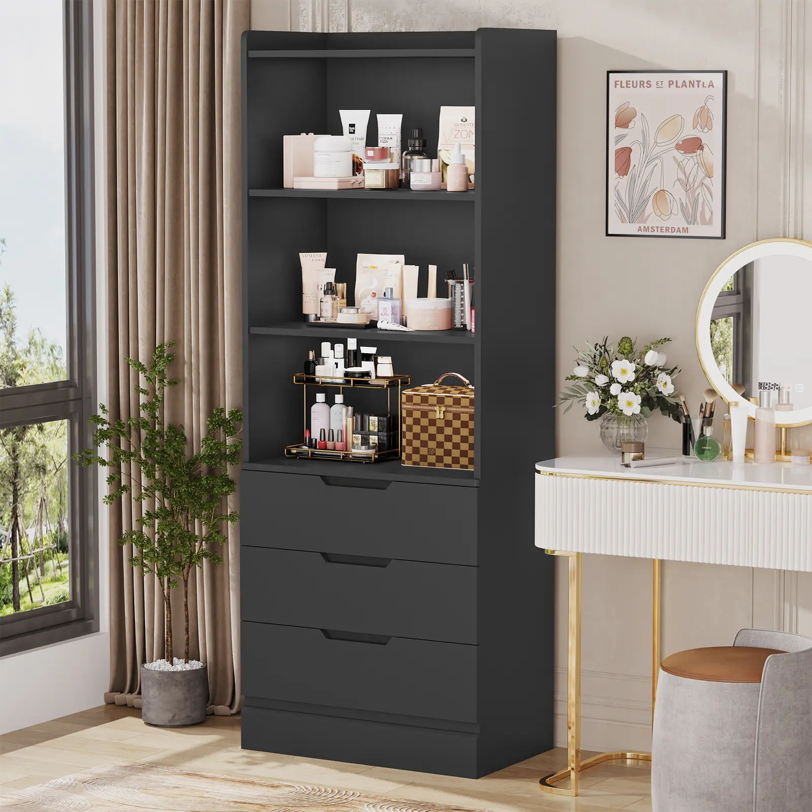 Hasuit 73in Contemporary Rectangular Wood Bookshelf - Stable Particle Board, 3 Open Shelves, 3 Cutout-Handle Drawers, Anti-Tipping Kits, Family-Friendly Indoor Storage Solution, Tall Shelf